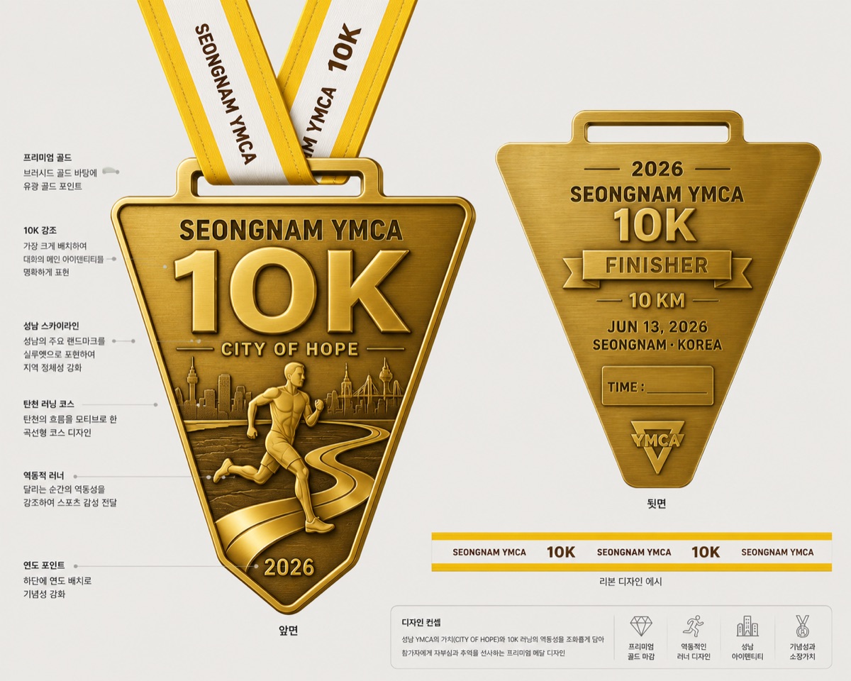 성남YMCA 10K 완주 메달 시안: 역삼각형 골드 메달, 앞면 10K CITY OF HOPE와 러너, 뒷면 FINISHER